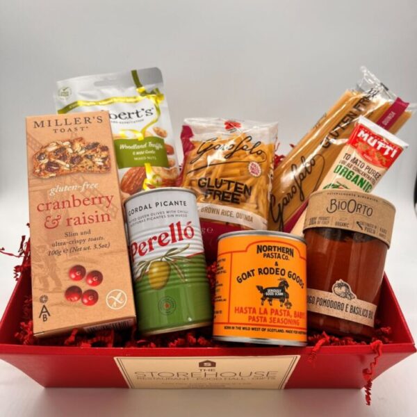 Delicious collection of gluten free products beuatifu;;y presented in cellophane or a re-usable jute bag