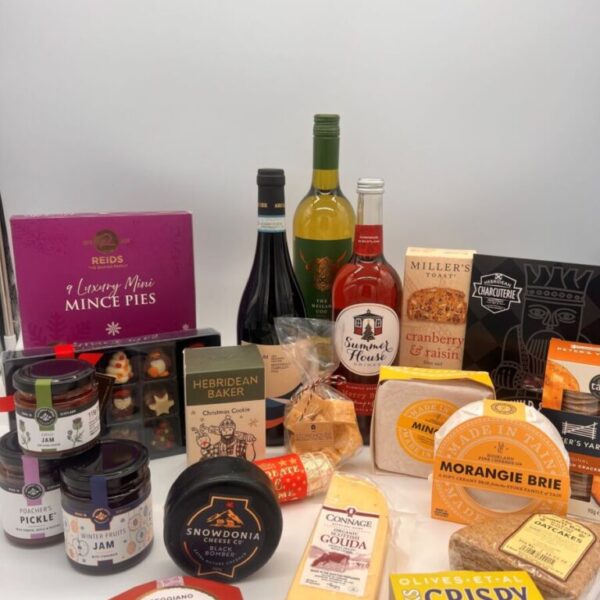 Merry making hamper with a delicious selection of fine cheeses, crackers and wine